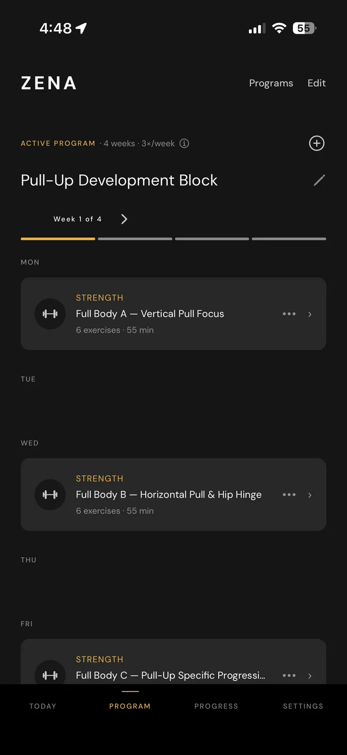Zena app showing a 4-week Pull-Up Development Block program with strength sessions scheduled across the week