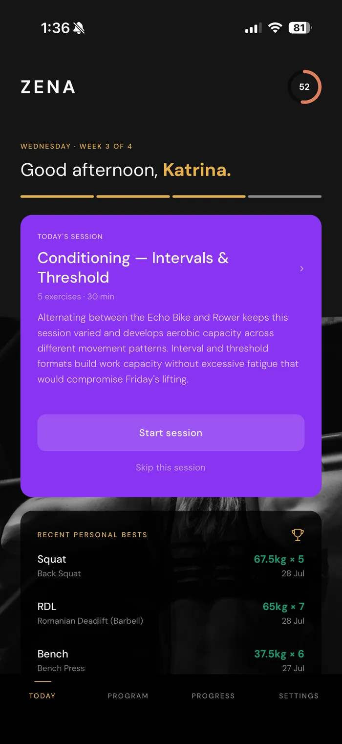 Zena app Today screen showing a Conditioning — Intervals & Threshold session alternating Echo Bike and Rower, alongside recent personal bests for squat, RDL, and bench