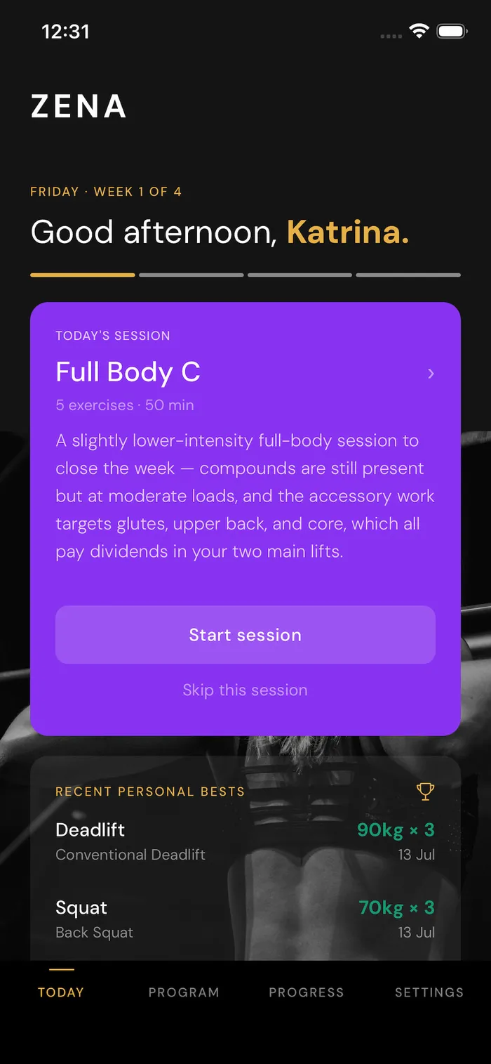 Zena app Today screen with a personalized greeting, today's scheduled session, and recent personal bests
