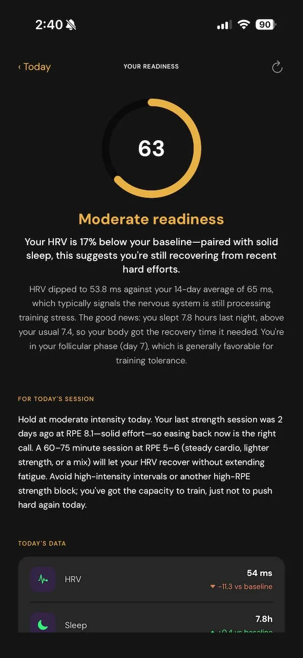Zena app readiness screen showing a moderate readiness score of 63 and an AI explanation of today's recovery signals