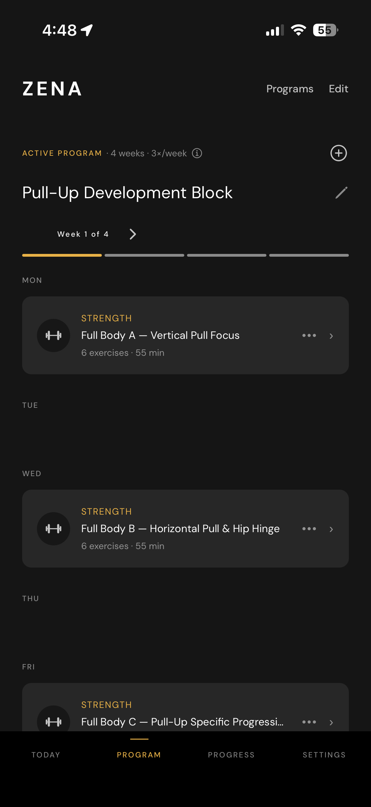 Zena app showing a 4-week Pull-Up Development Block program, with each day's workout laid out for the week