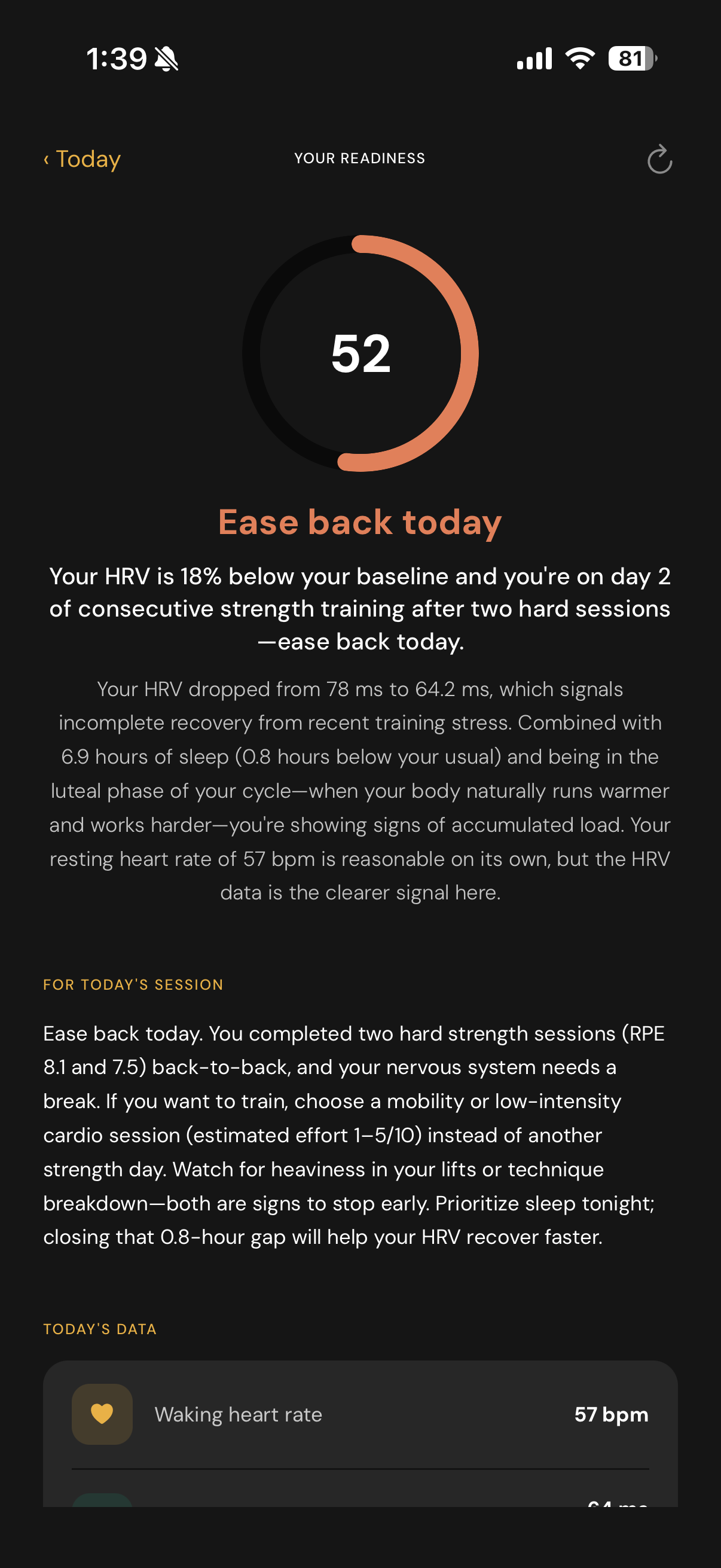 Zena app readiness screen showing a score of 52, an 'Ease back today' recommendation, and the HRV, sleep, and cycle data behind it
