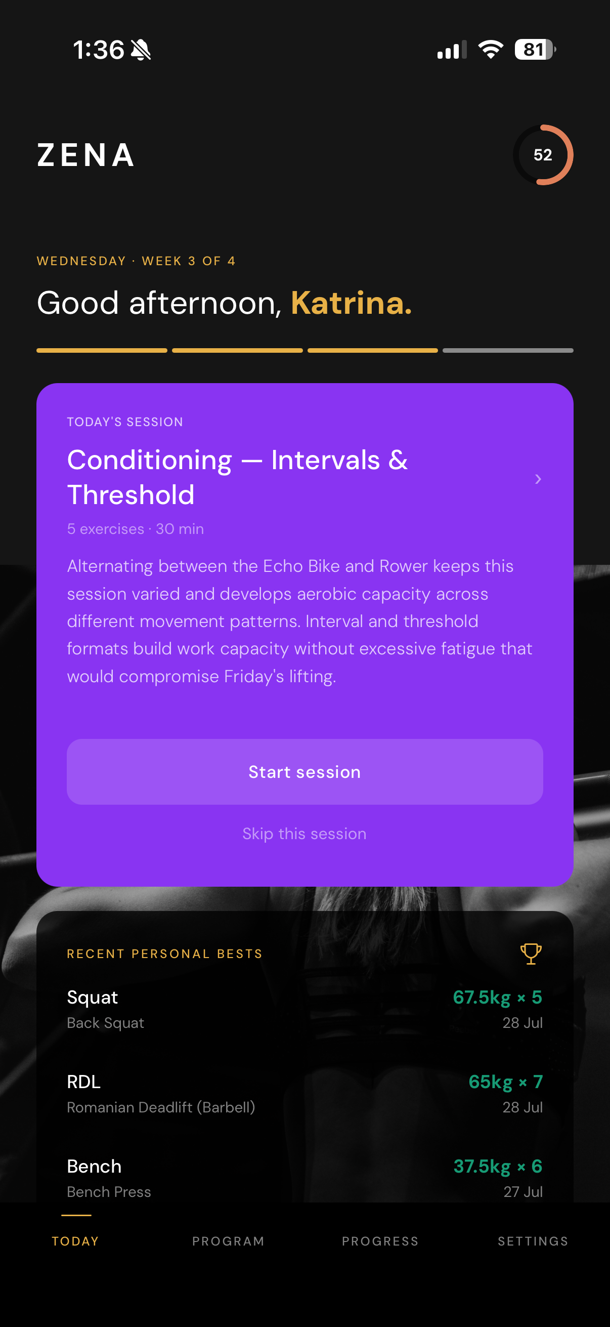 Zena app Today screen showing a Conditioning — Intervals & Threshold session alternating Echo Bike and Rower, alongside recent personal bests for squat, RDL, and bench