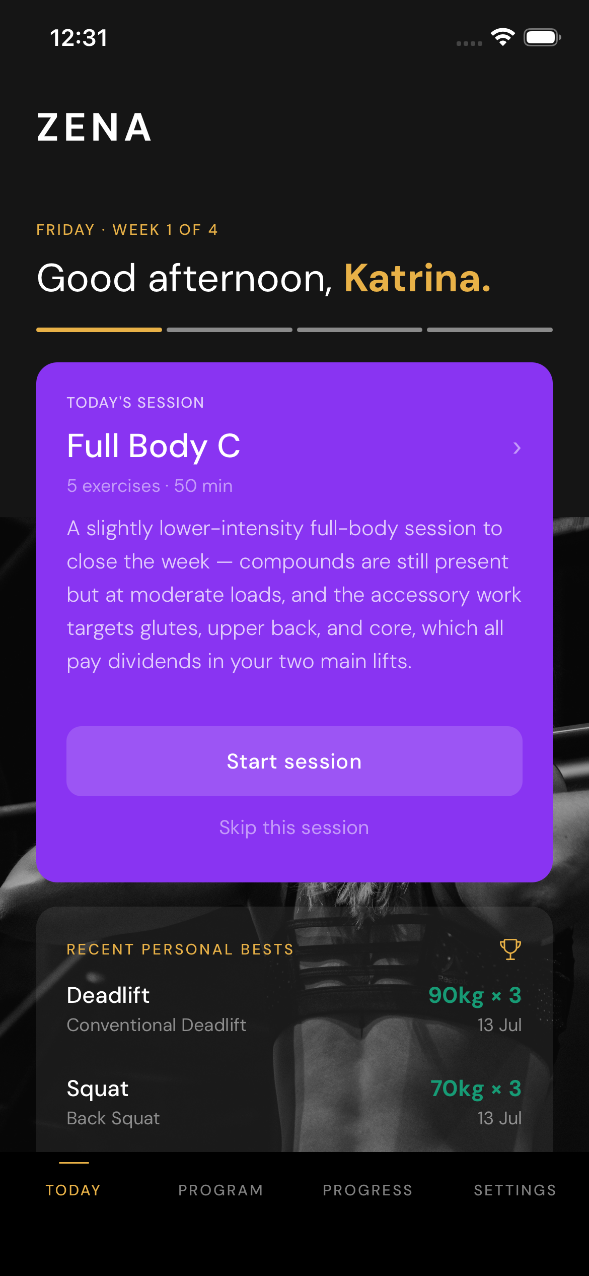 Zena app Today screen showing a Full Body strength session and recent personal bests for deadlift and squat