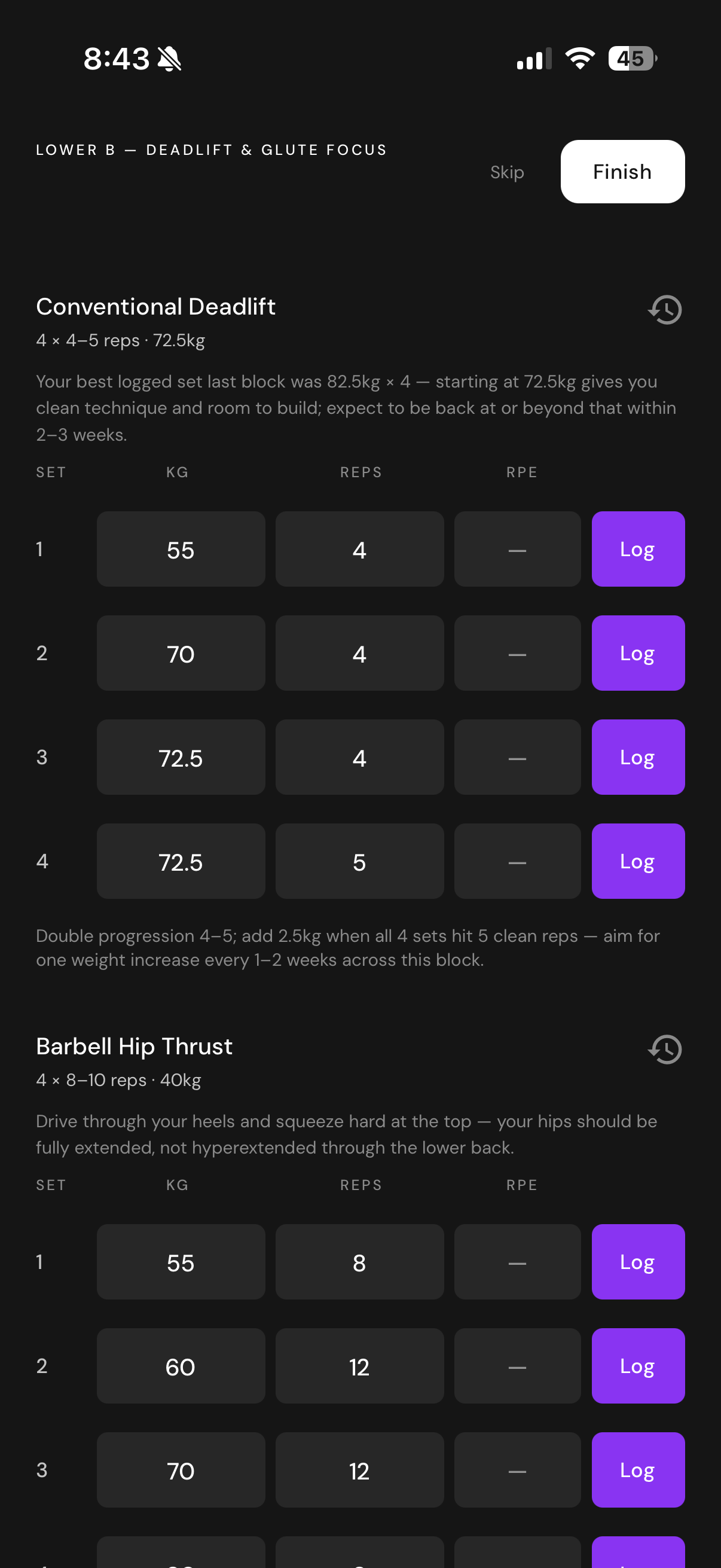 Zena app showing a Lower Body strength session with logged deadlift and hip thrust sets, and AI coaching notes on starting weight and progression