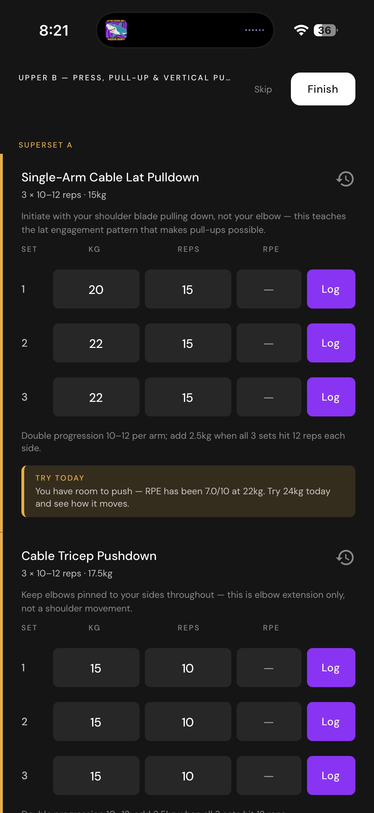 Zena app workout logging screen for a Deadlift & Glute Focus session, showing set-by-set weight and rep targets with a note on why the starting weight was chosen